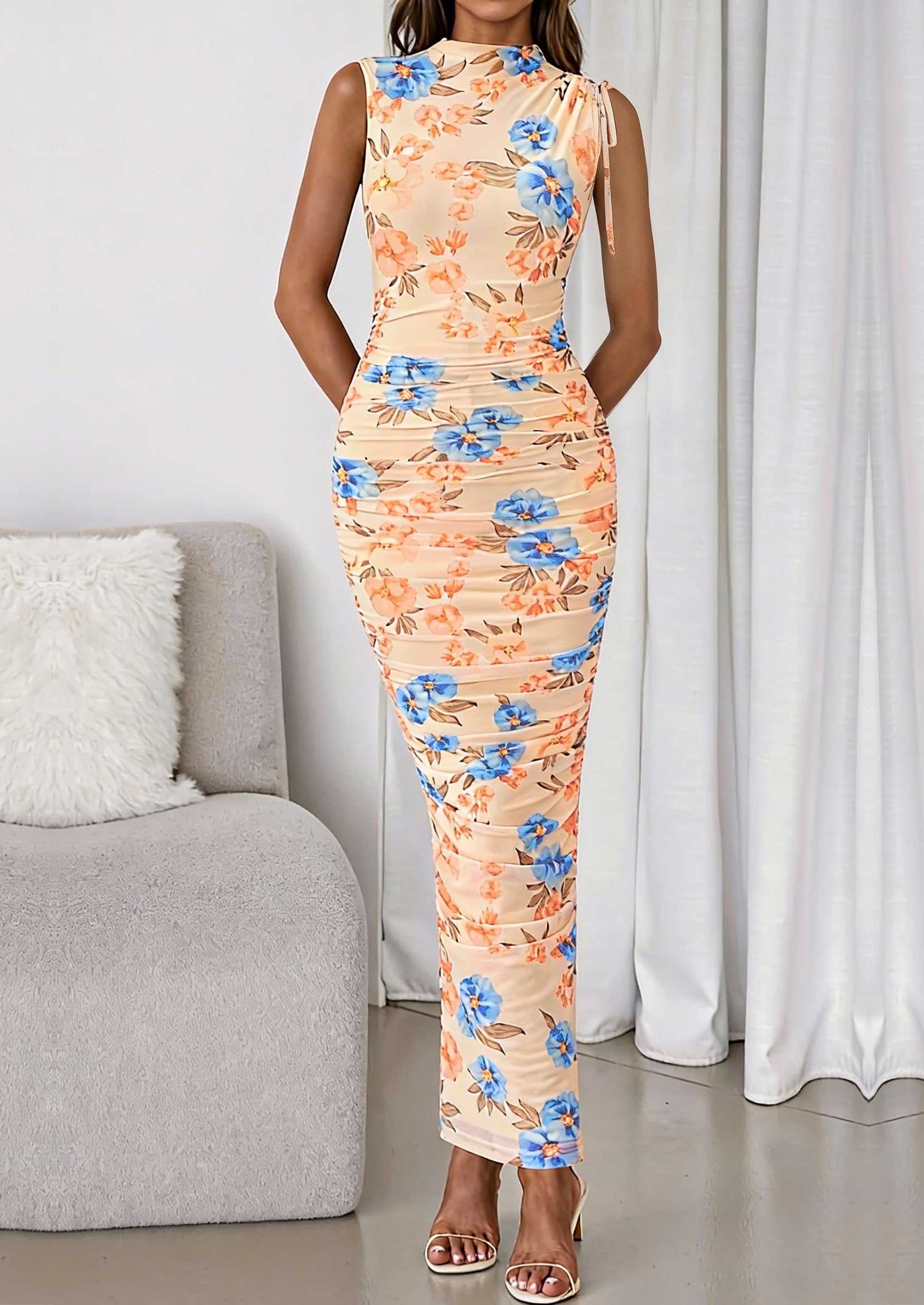 PRETTYGARDEN Women's Summer Maxi Floral Dresses Ruched Bodycon Sleeveless Mesh Formal Wedding Guest Cocktail Split Long Dress PRETTYGARDEN