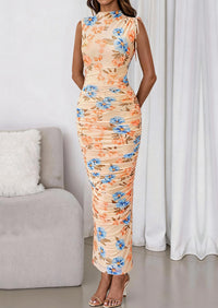 PRETTYGARDEN Women's Summer Maxi Floral Dresses Ruched Bodycon Sleeveless Mesh Formal Wedding Guest Cocktail Split Long Dress PRETTYGARDEN