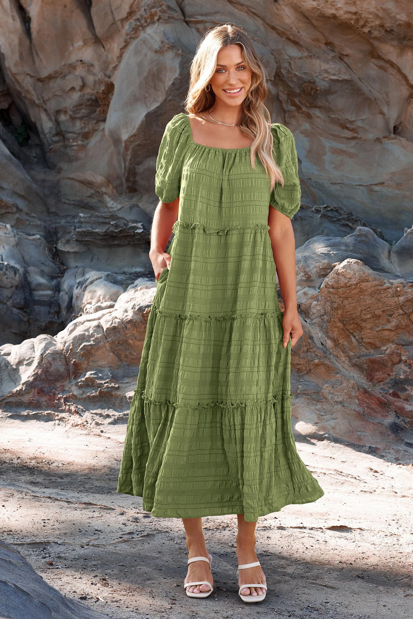 Casual Maxi Dresses Summer Short Sleeve Off The Shoulder Ruffle Tiered Flowy Boho Party Beach Long Dress