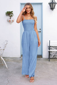 Linen Smocked Spaghetti Strap Pockets Wide Leg Rompers