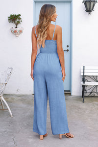 Linen Smocked Spaghetti Strap Pockets Wide Leg Rompers