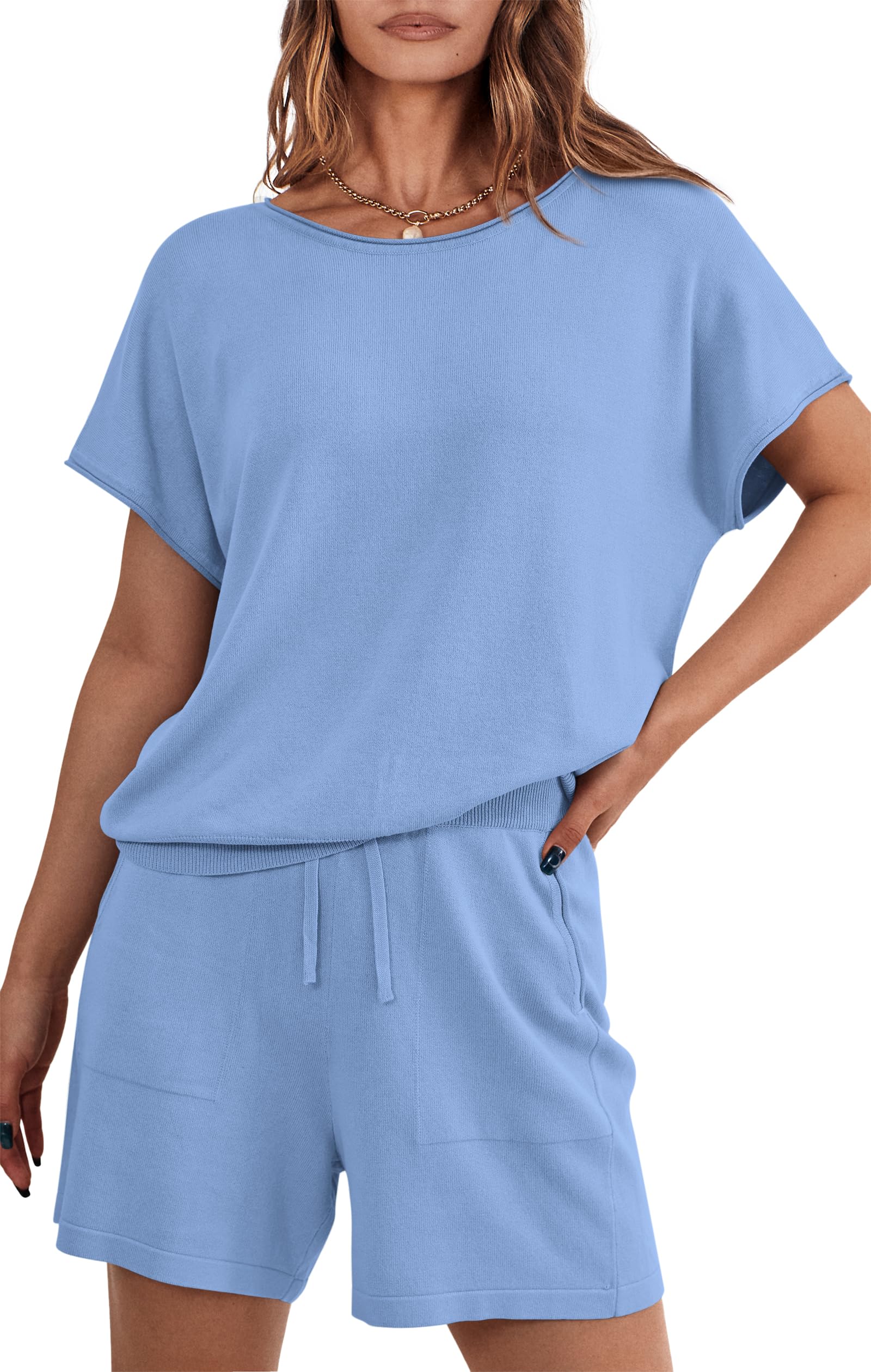 PRETTYGARDEN Two Piece Set for Women Summer Lounge Sets Shorts And Short Sleeve Tops Knitted Matching Travel Spring Outfits PRETTYGARDEN