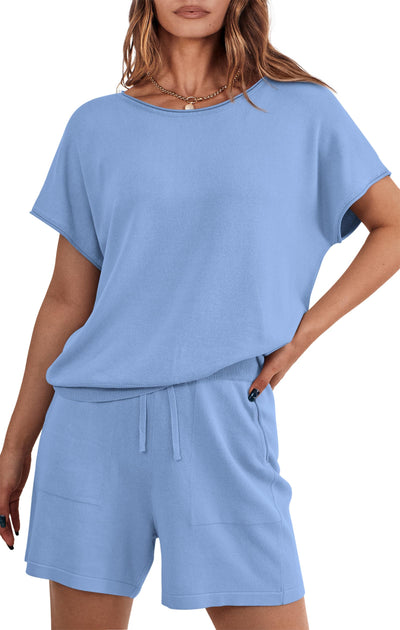 PRETTYGARDEN Two Piece Set for Women Summer Lounge Sets Shorts And Short Sleeve Tops Knitted Matching Travel Spring Outfits PRETTYGARDEN