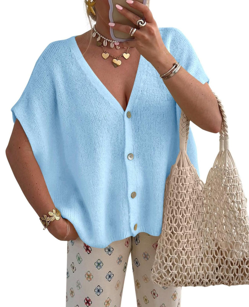 PRETTYGARDEN Batwing Short Sleeve Summer Cardigan Sweaters for Women Lightweight V Neck Button Oversized Sweater Tops PRETTYGARDEN
