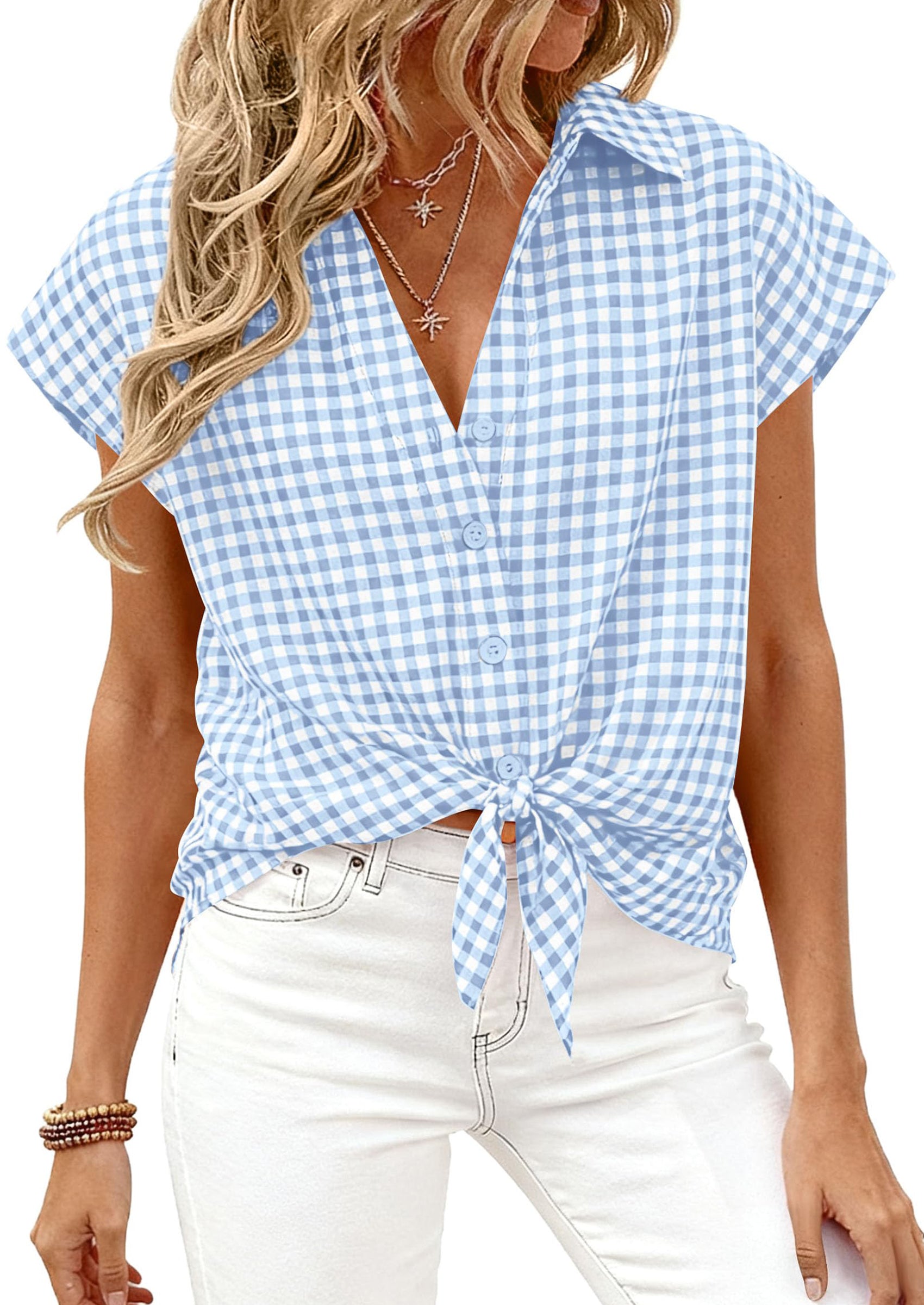 PRETTYGARDEN Womens Button Dwon Shirts V Neck Short Cap Sleeve Collared Plaid Tops Summer Spring Casual Blouses Clothes PRETTYGARDEN