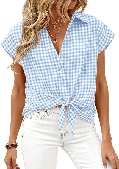 PRETTYGARDEN Womens Button Dwon Shirts V Neck Short Cap Sleeve Collared Plaid Tops Summer Spring Casual Blouses Clothes PRETTYGARDEN