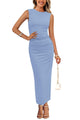 Women's Summer Wedding Guest Dresses 2025 Sleeveless Ruched Bodycon Fitted Maxi Long Cocktail Dress with Slit