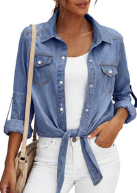 PRETTYGARDEN Womens Denim Shirts Collared Long Sleeve Button Down Shirt Women Tie Front Cardigans Summer Crop Tops Blouses