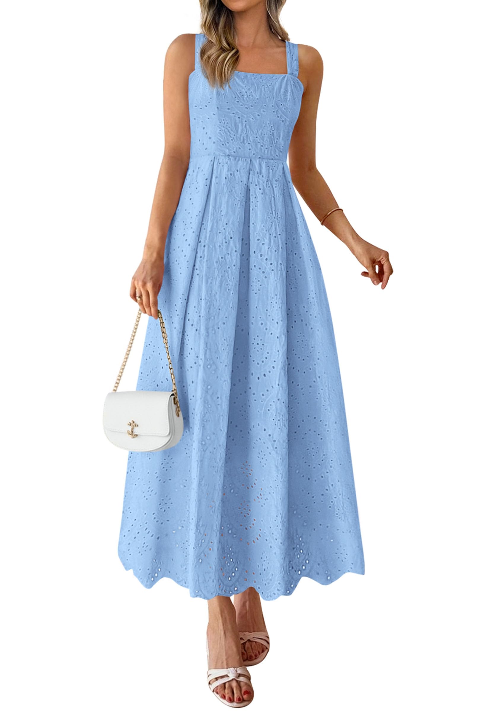 PRETTYGARDEN Womens Sleeveless Maxi Summer Dresses Hollow Out Eyelet Square Neck Ruffle Flowy Beach Vacation Sundress PRETTYGARDEN