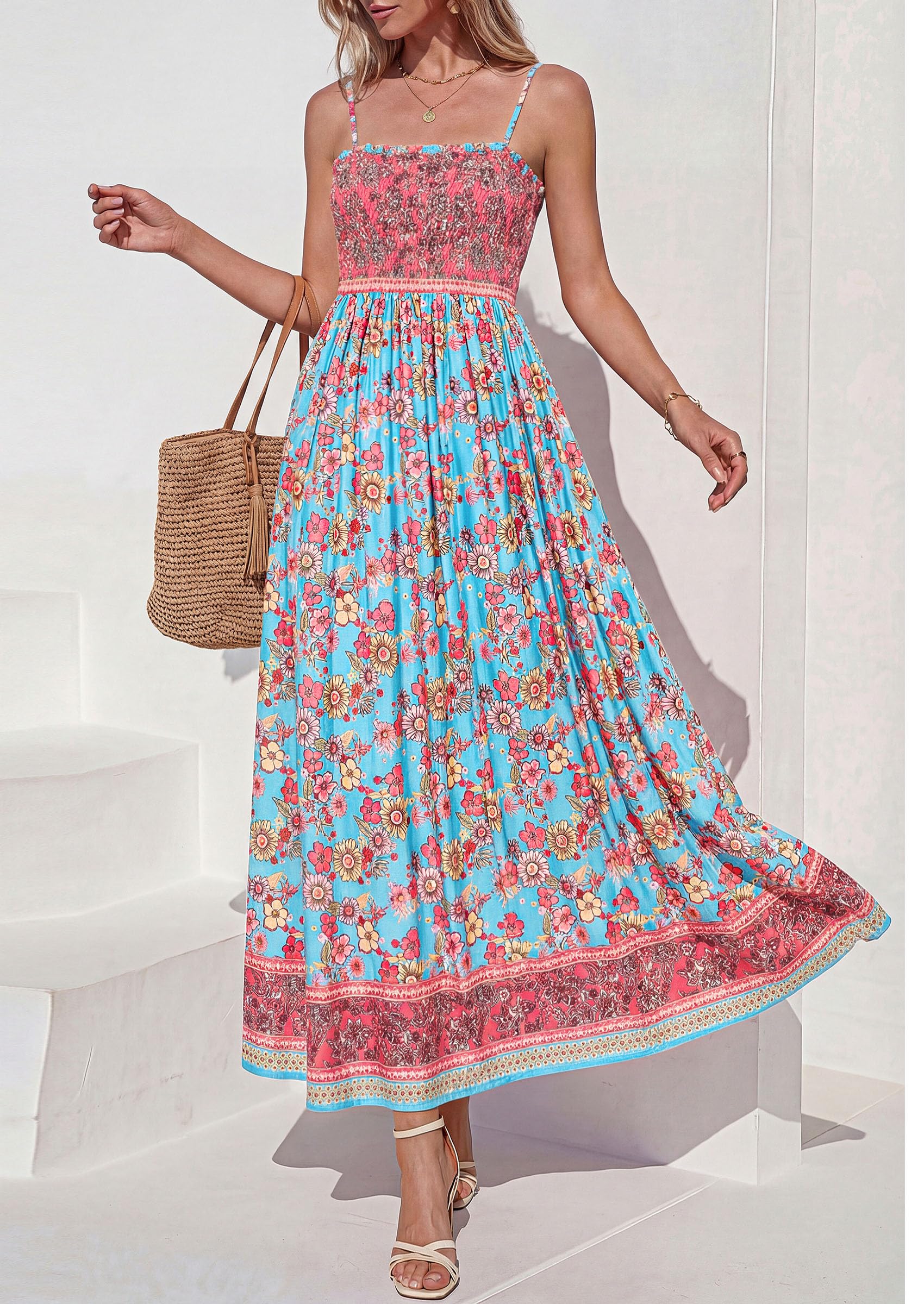 PRETTYGARDEN Womens Floral Maxi Dress Boho Casual Summer Spaghetti Strap Smocked Sleeveless Flowy Beach Vacation Dresses