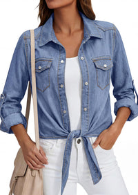 PRETTYGARDEN Womens Denim Shirts Collared Long Sleeve Button Down Shirt Women Tie Front Cardigans Summer Crop Tops Blouses