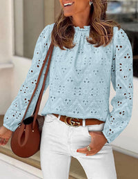 Womens Blouses Dressy Casual Embroidered Long Puff Sleeve Shirts Ruffle Eyelet Lace Top Fall Clothes