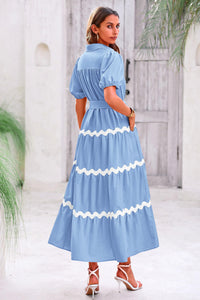 Summer Maxi Button Down Puff Short Sleeve Ruffle Long Flowy Shirt Dresses With Belt