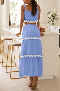 2 Piece Summer Casual Sleeveless Cropped Tank Top High Waisted Maxi Skirt Set