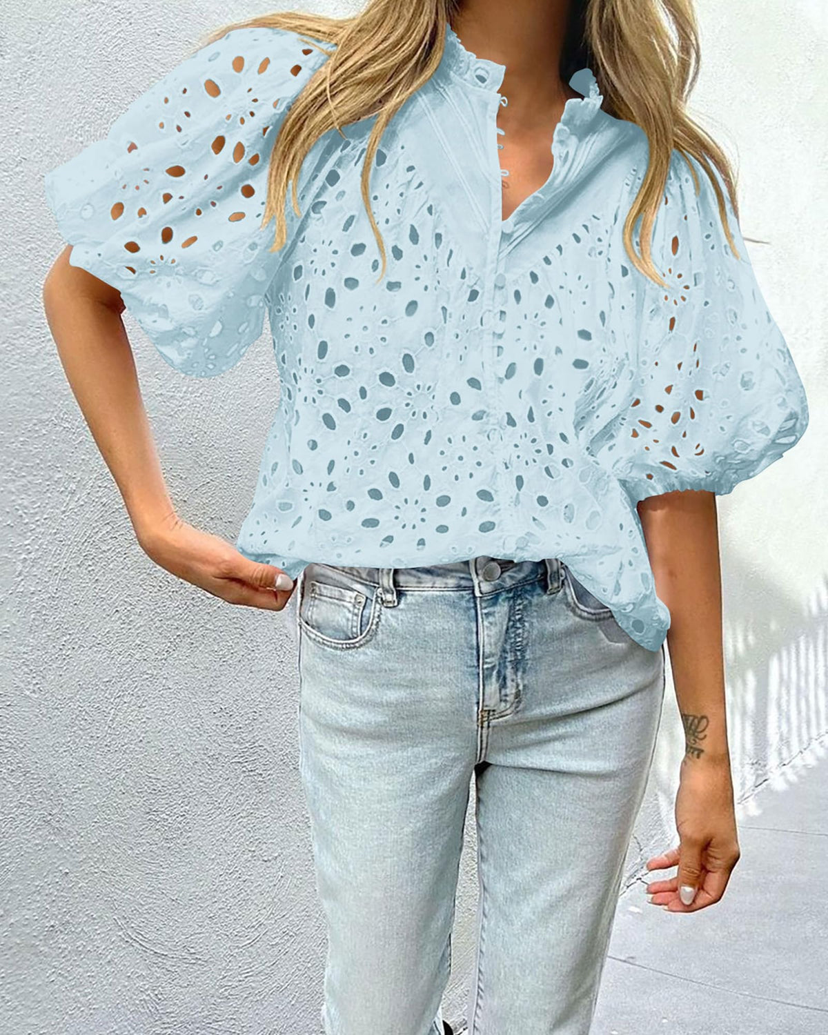 Casual Short Lantern Sleeve V Neck Buttons Hollow Out Lace Embroidered Blouses