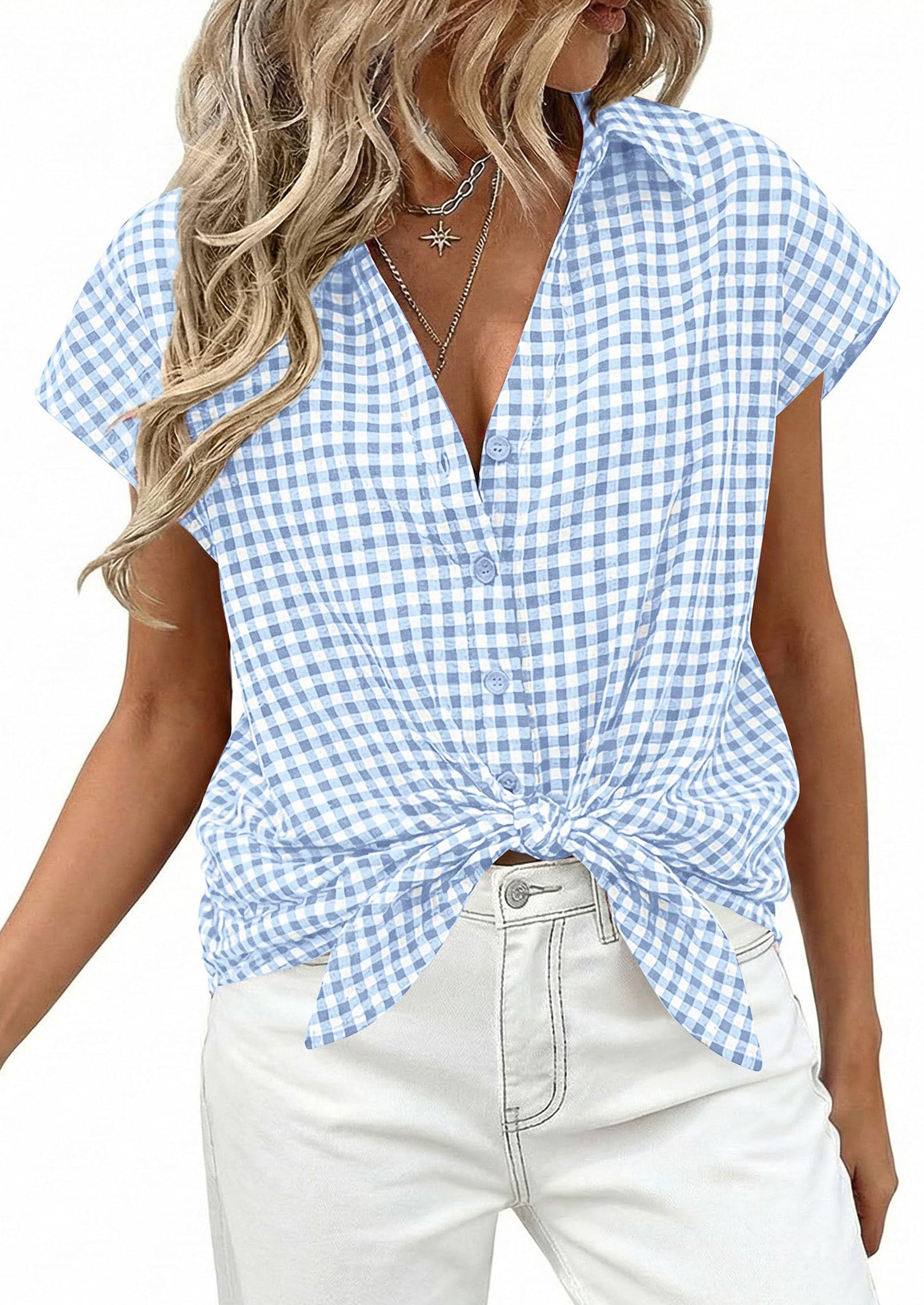PRETTYGARDEN Womens Button Dwon Shirts V Neck Short Cap Sleeve Collared Plaid Tops Summer Spring Casual Blouses Clothes PRETTYGARDEN