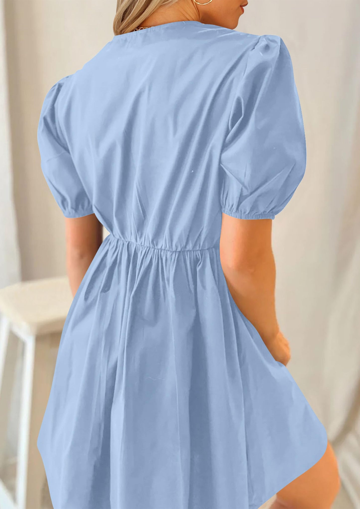 Womens Summer Casual Short Sleeve Dresses A Line Bow Tie Front Babydoll Loose Cute Mini Dress with Pockets