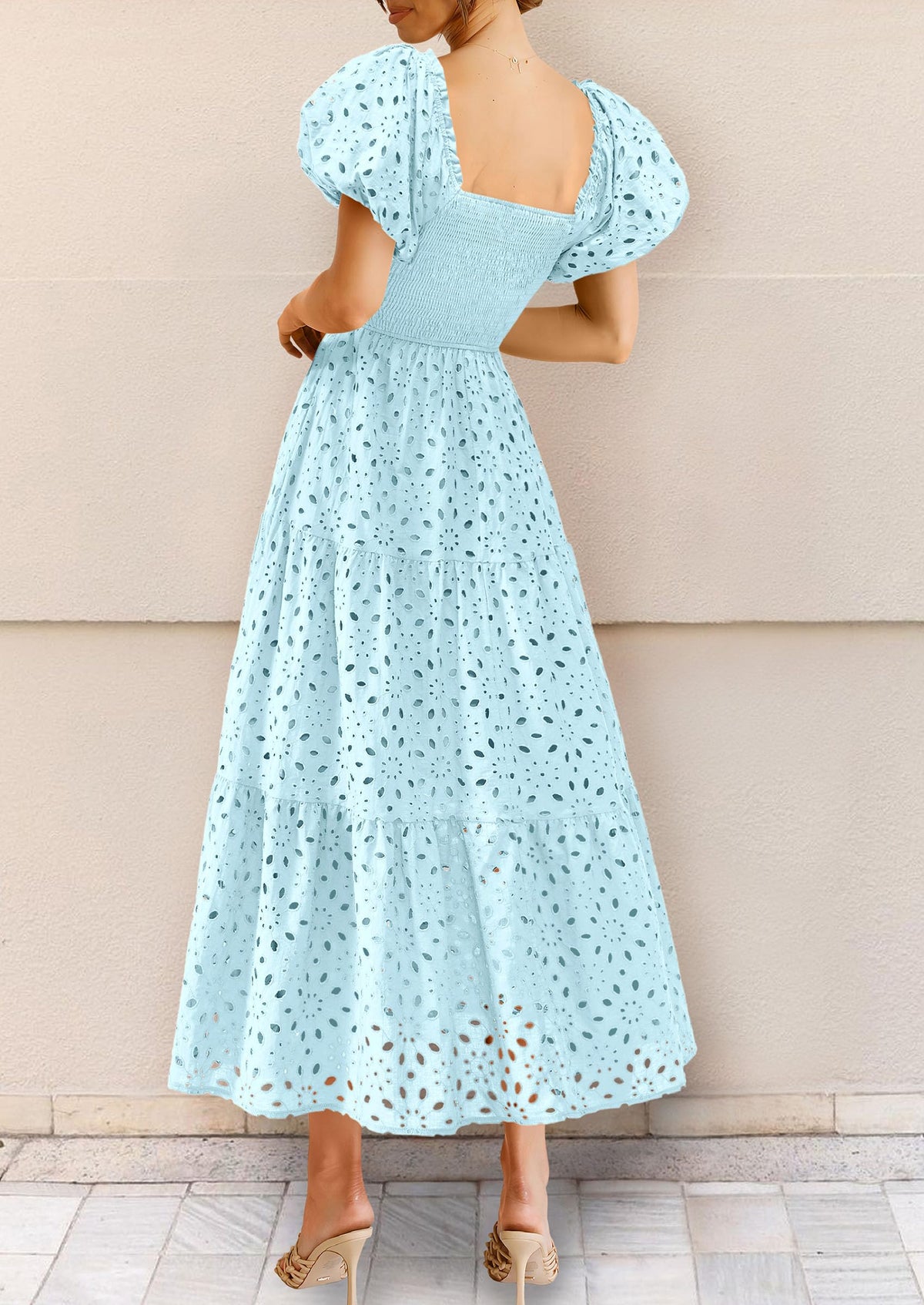 Summer Dresses for Women 2025 Eyelet Square Neck Puff Sleeve Smocked Wedding Guest Maxi Dress with Pockets