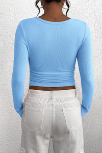 Long Sleeve Henley Button Down Ribbed Knit Slim Fit Blouse