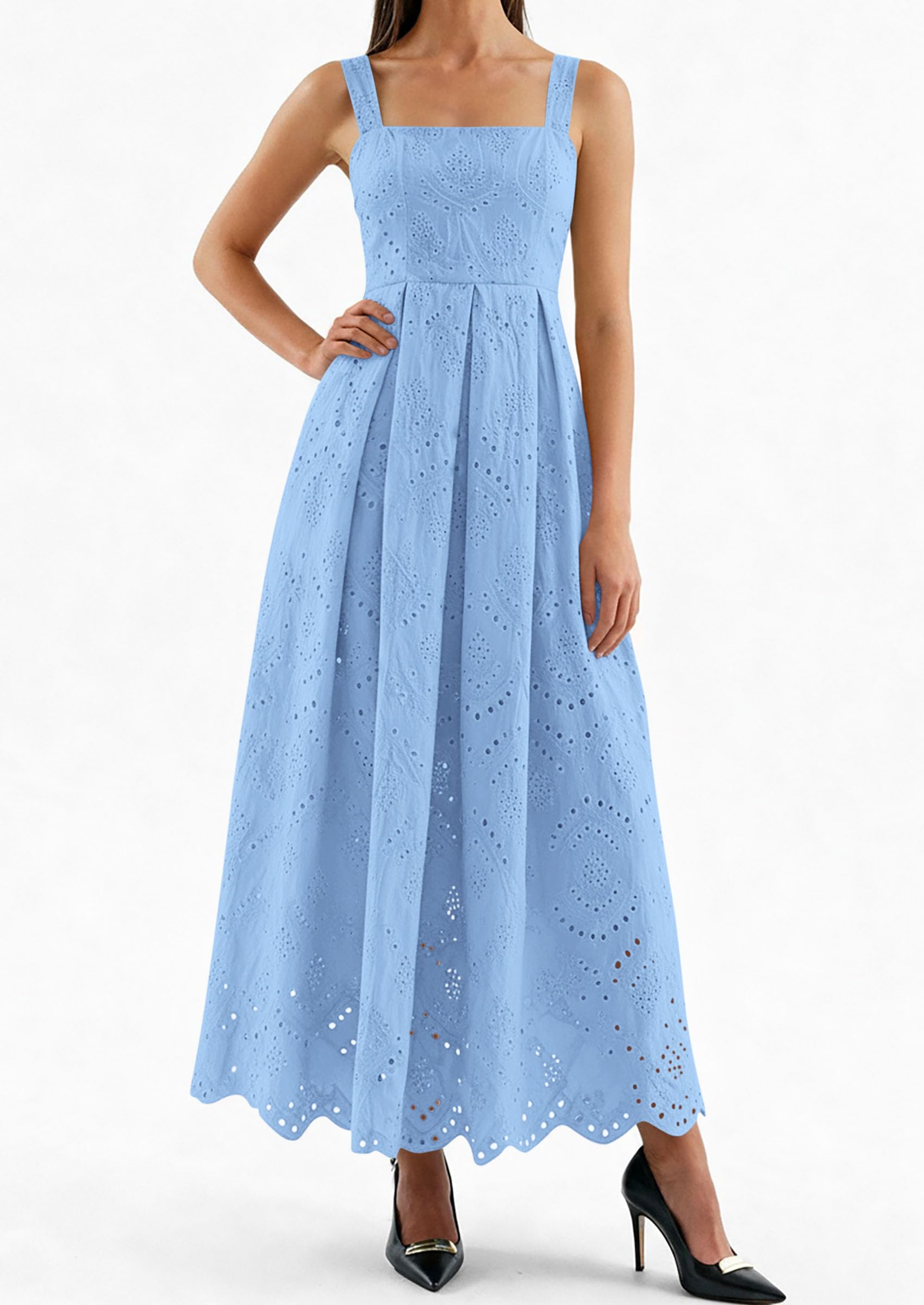 PRETTYGARDEN Womens Sleeveless Maxi Summer Dresses Hollow Out Eyelet Square Neck Ruffle Flowy Beach Vacation Sundress PRETTYGARDEN