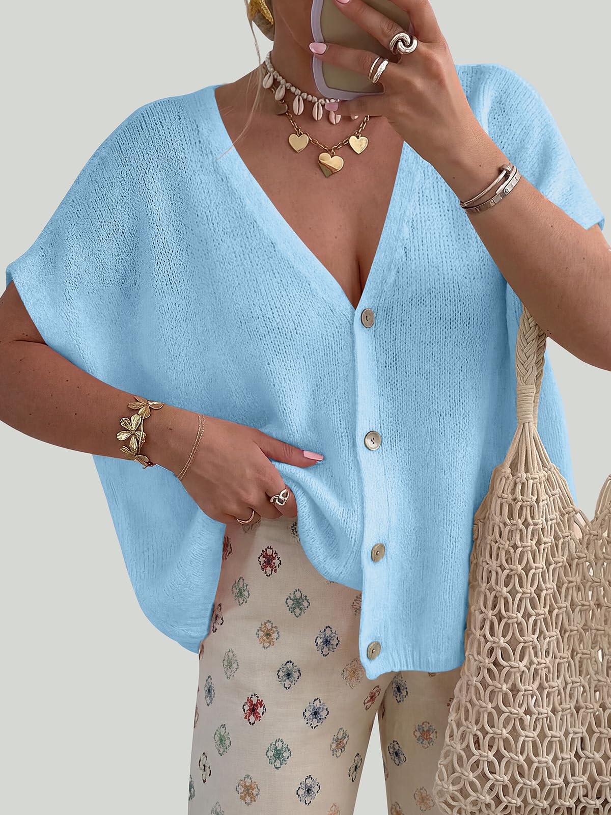 PRETTYGARDEN Batwing Short Sleeve Summer Cardigan Sweaters for Women Lightweight V Neck Button Oversized Sweater Tops PRETTYGARDEN