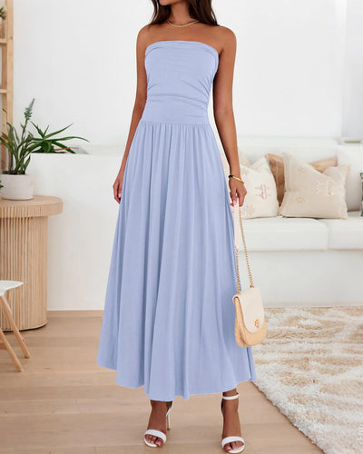 BTFBM Summer Maxi Dresses for Women Strapless Ruched Tube Top Beach Vacation Spring Wedding Guest Dress Pockets PRETTYGARDEN