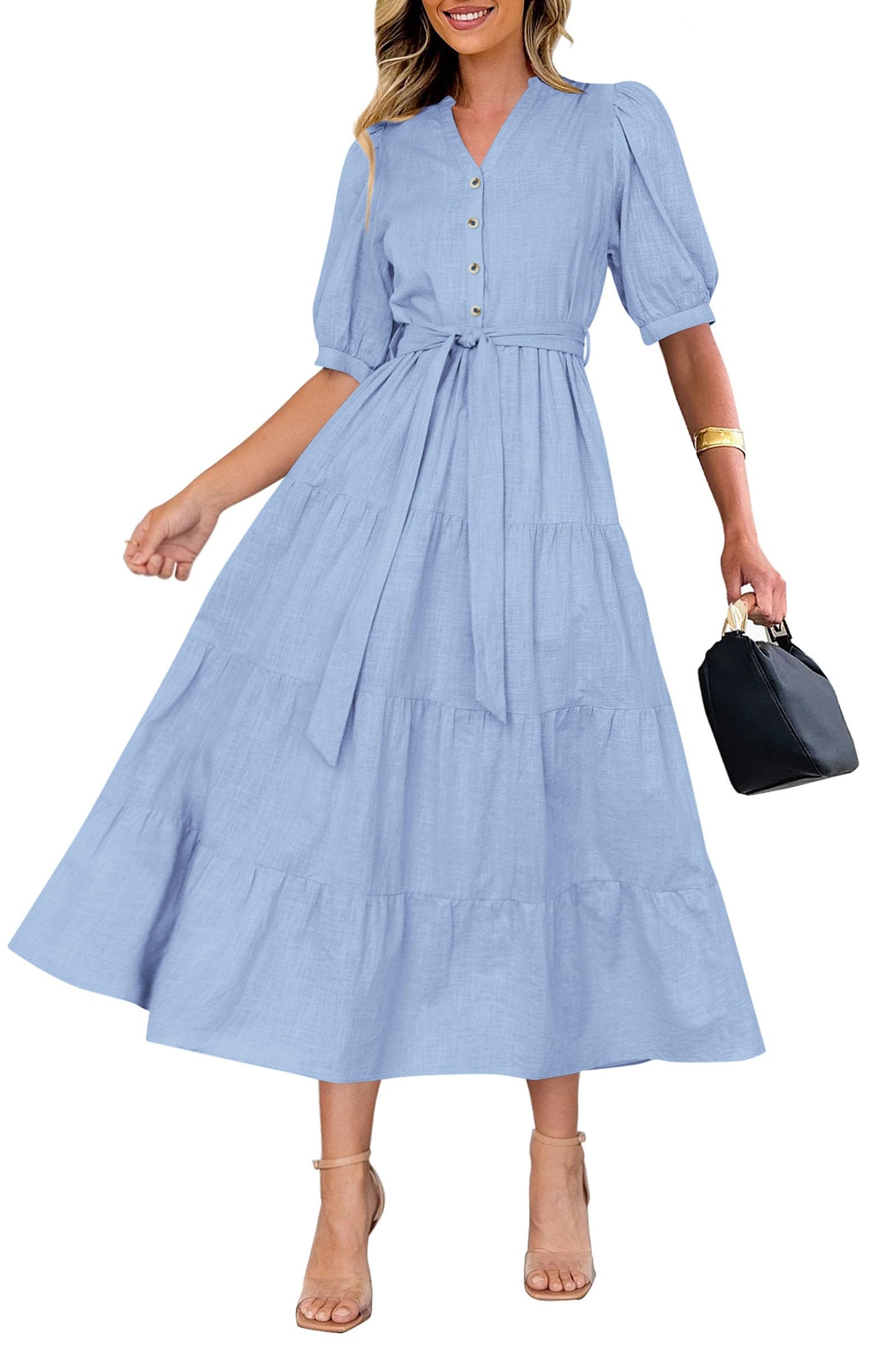 Women's Summer Midi Dress 2025 Casual Short Sleeve V Neck Buttons Belted Ruffle A Line Flowy Dress with Pockets