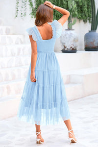 Summer Casual Sleeveless Smocked Ruffle Tulle Flowy Beach Sundress