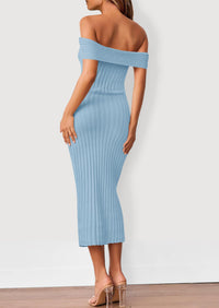 Women's Off The Shoulder Sweater Dresses 2025 Summer Elegant Ribbed Knit Midi Bodycon Wedding Guest Dress