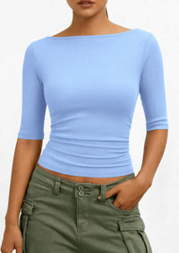 PRETTYGARDEN Womens Summer Short Sleeve Tops Boat Neck Ribbed Knit Slim Fit T Shirt Casual Basic Top Spring Clothes PRETTYGARDEN