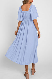 Casual Short Sleeve Bow Tie V Neck Ruffle Midi Flowy Dresses