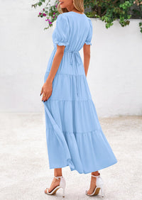 Women's Casual Summer Maxi Dress 2025 Spring Short Sleeve V Neck Tiered Flowy Beach Vacation Dress with Pockets