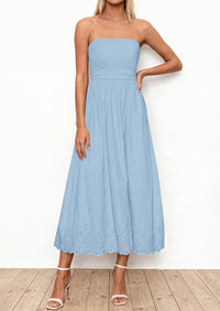 PRETTYGARDEN Womens Summer Dresses Sexy Sleeveless Tube Top Long Dress Eyelet Cotton Maxi Beach Sundress Pockets
