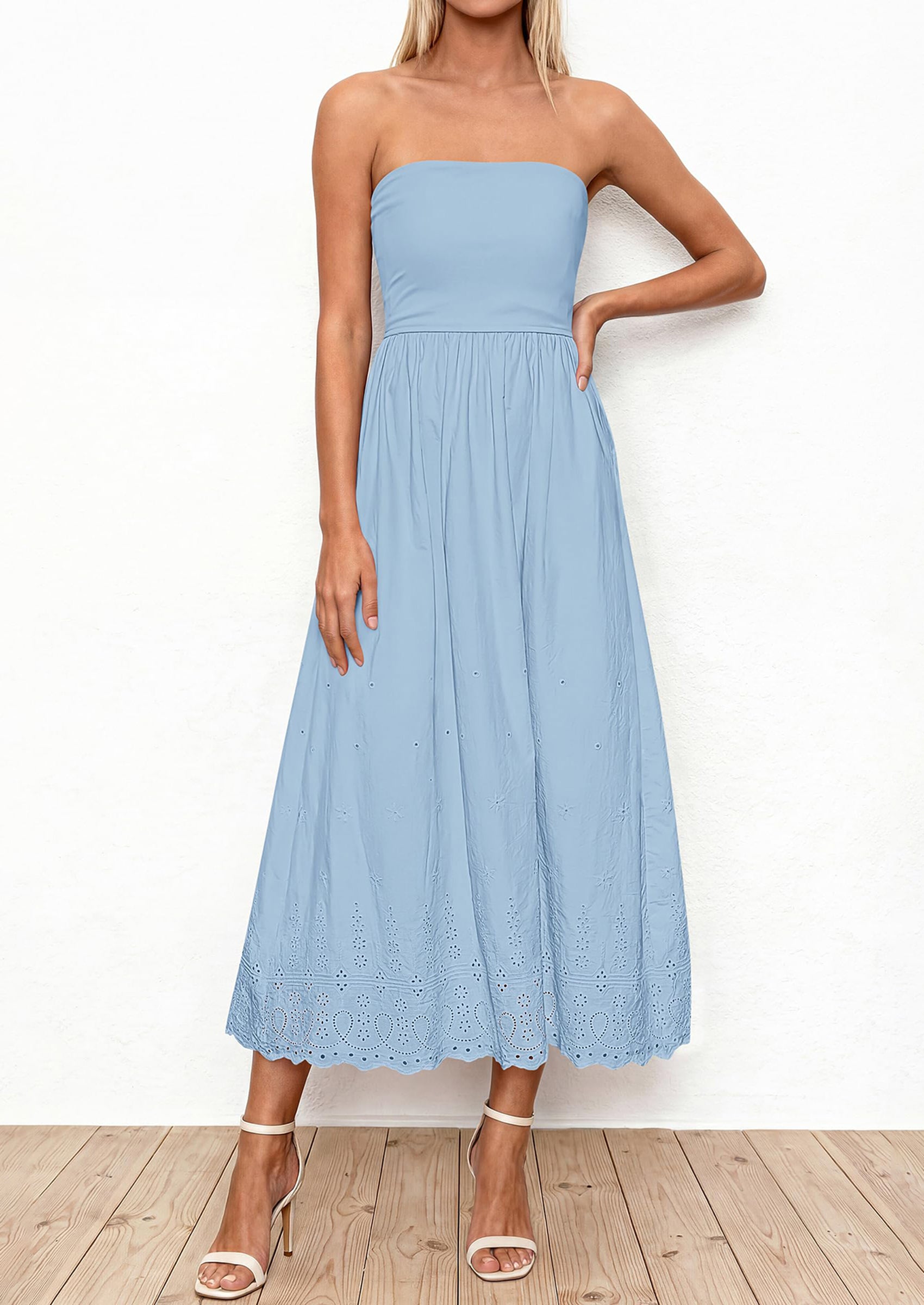 PRETTYGARDEN Womens Summer Dresses Sexy Sleeveless Tube Top Long Dress Eyelet Cotton Maxi Beach Sundress Pockets