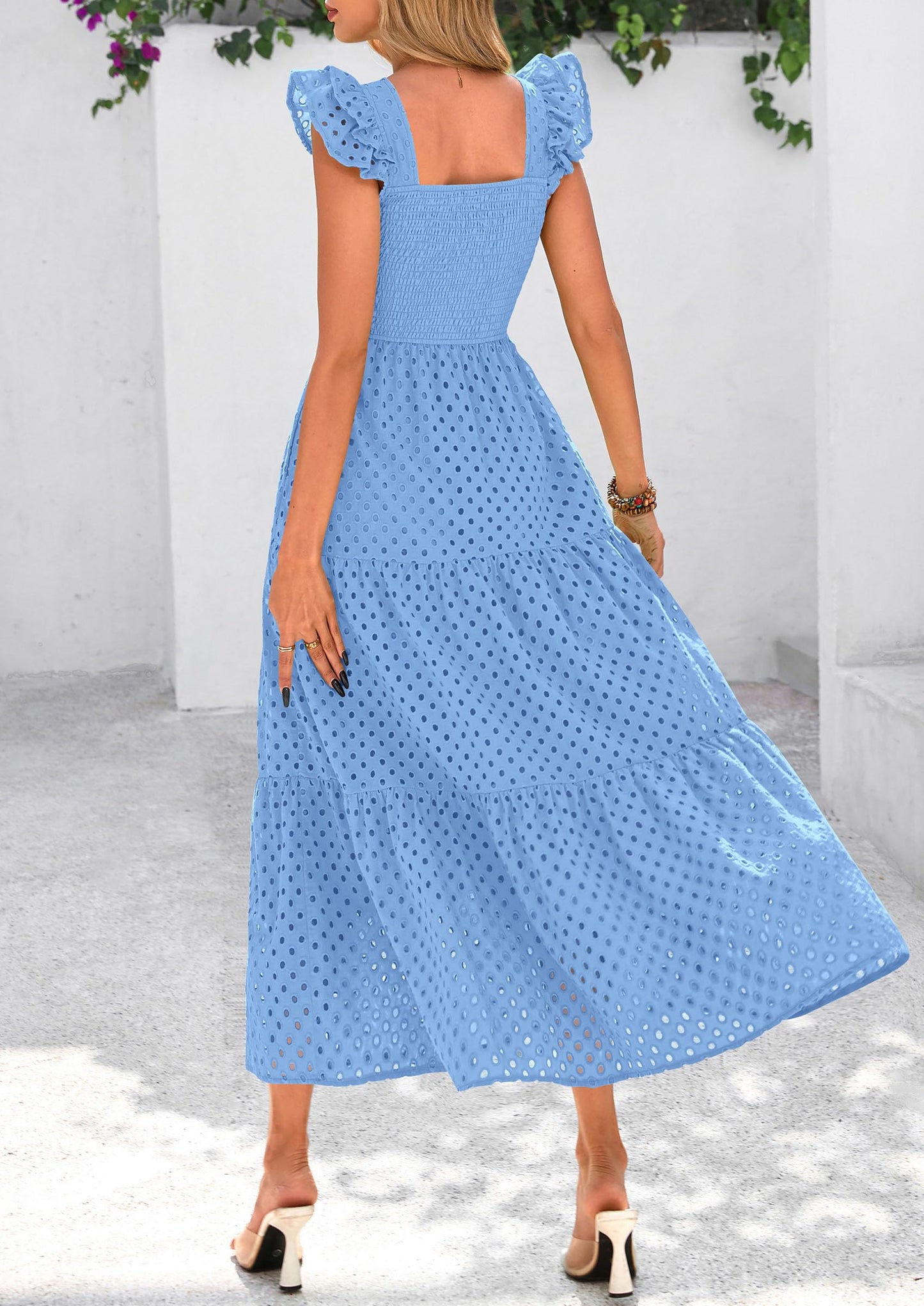 Womens Summer Square Neck Maxi Dresses Cap Sleeve Eyelet Smocked Tiered A Line Flowy Long Dress with Pockets