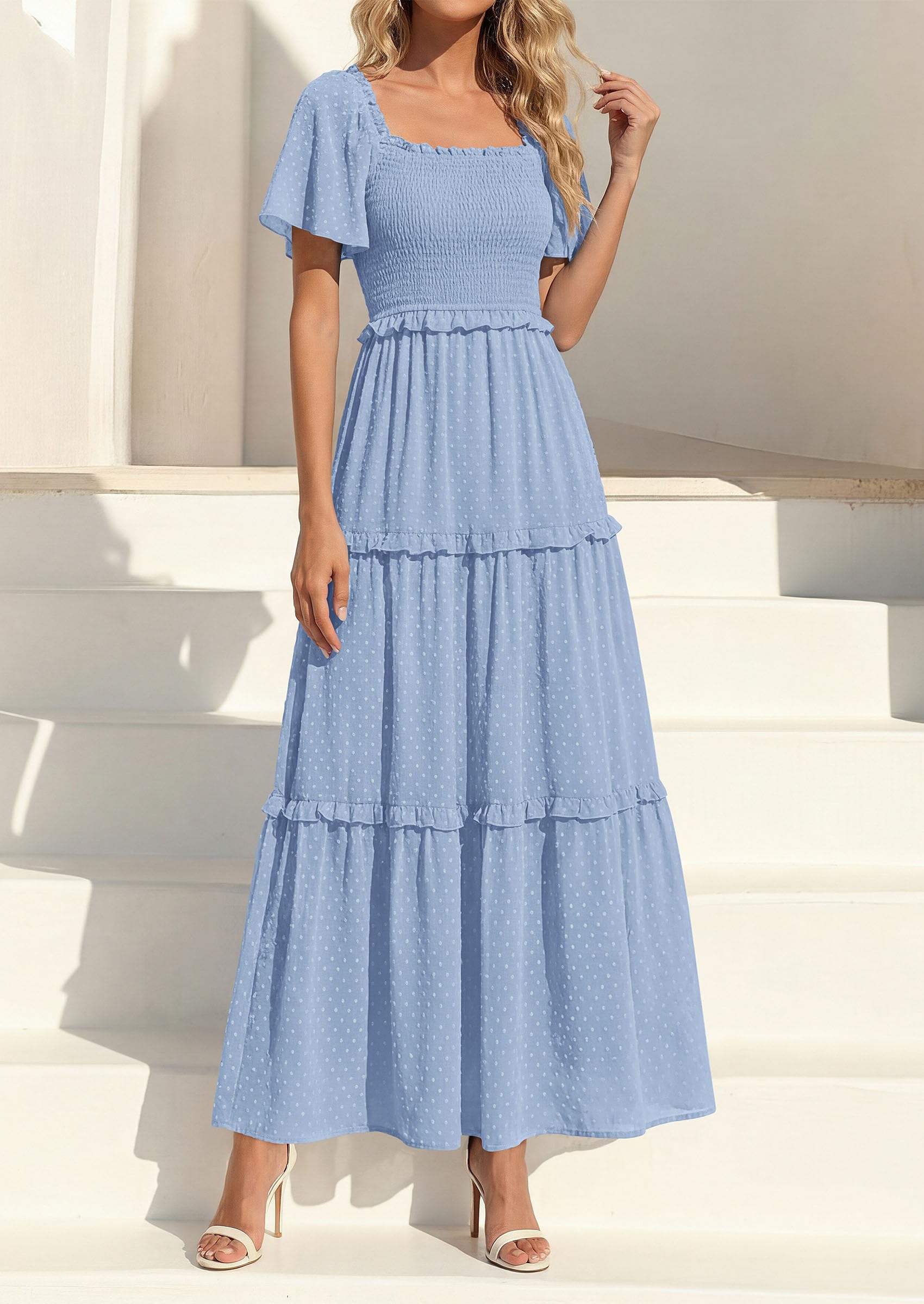 PRETTYGARDEN Summer Dresses for Women Boho Swiss Dot Smocked Square Neck Short Sleeve Spring Wedding Guest Maxi Dress PRETTYGARDEN