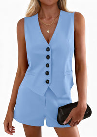 PRETTYGARDEN 2 Piece Sets for Women Spring Fashion Button Vest Tops High Waist Shorts Summer Business Casual Outfits PRETTYGARDEN