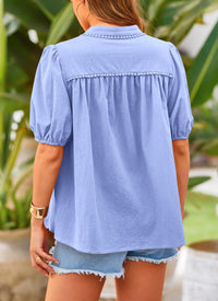 Summer Button Down Short Lantern Sleeve V Neck Cotton Tops