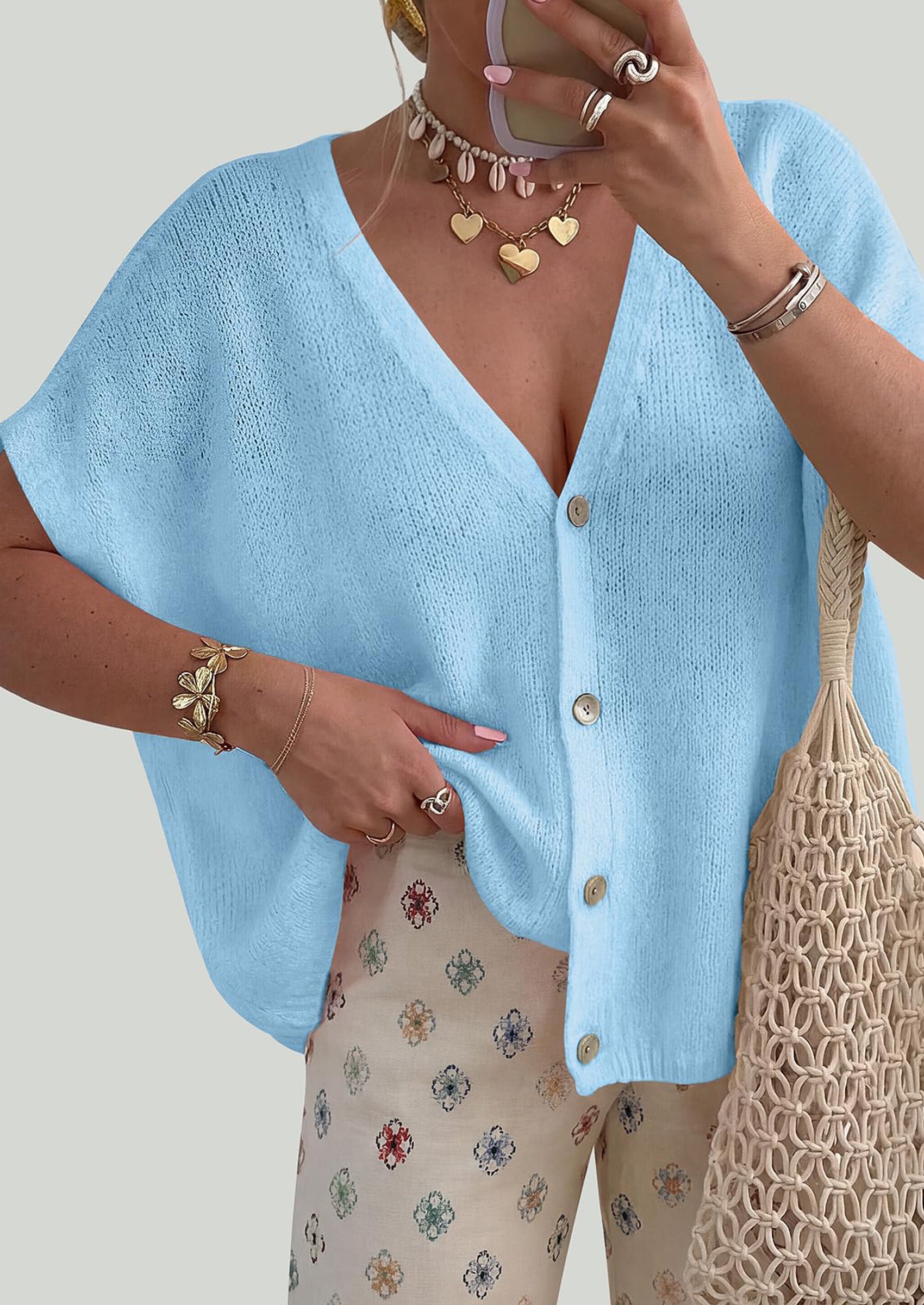 PRETTYGARDEN Batwing Short Sleeve Summer Cardigan Sweaters for Women Lightweight V Neck Button Oversized Sweater Tops PRETTYGARDEN