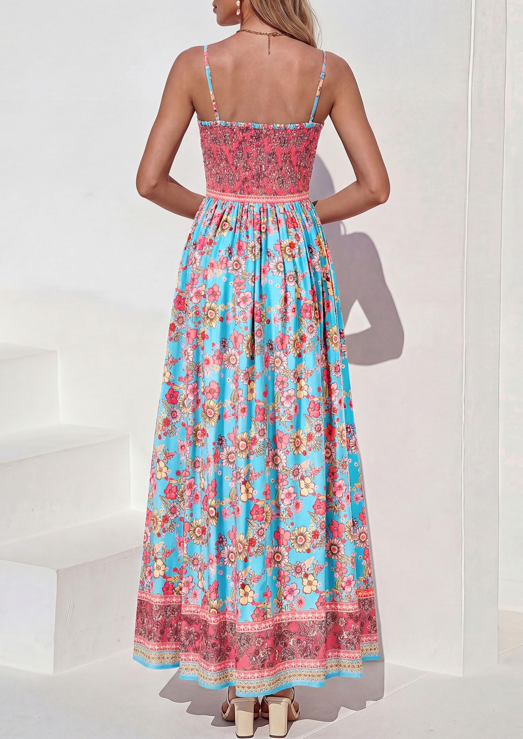 PRETTYGARDEN Womens Floral Maxi Dress Boho Casual Summer Spaghetti Strap Smocked Sleeveless Flowy Beach Vacation Dresses
