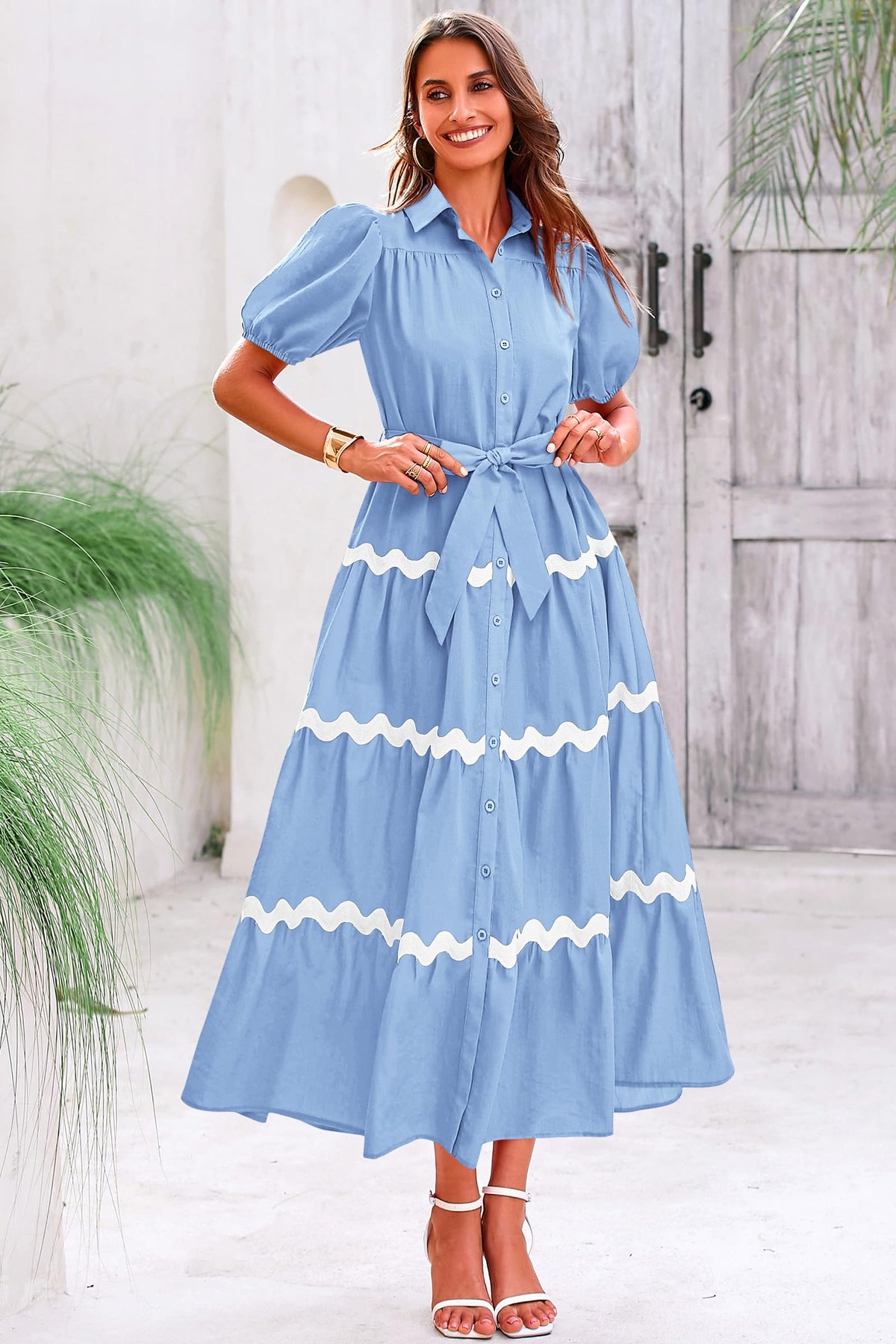 Summer Maxi Button Down Puff Short Sleeve Ruffle Long Flowy Shirt Dresses With Belt