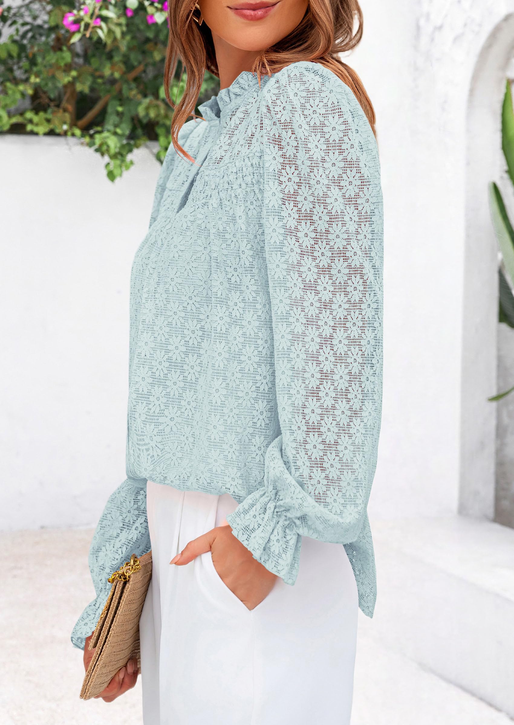 PRETTYGARDEN Lace Long Sleeve Tops for Women Eyelet Blouses Dressy Casual Hollow Out Button Down Shirts Summer Outfits