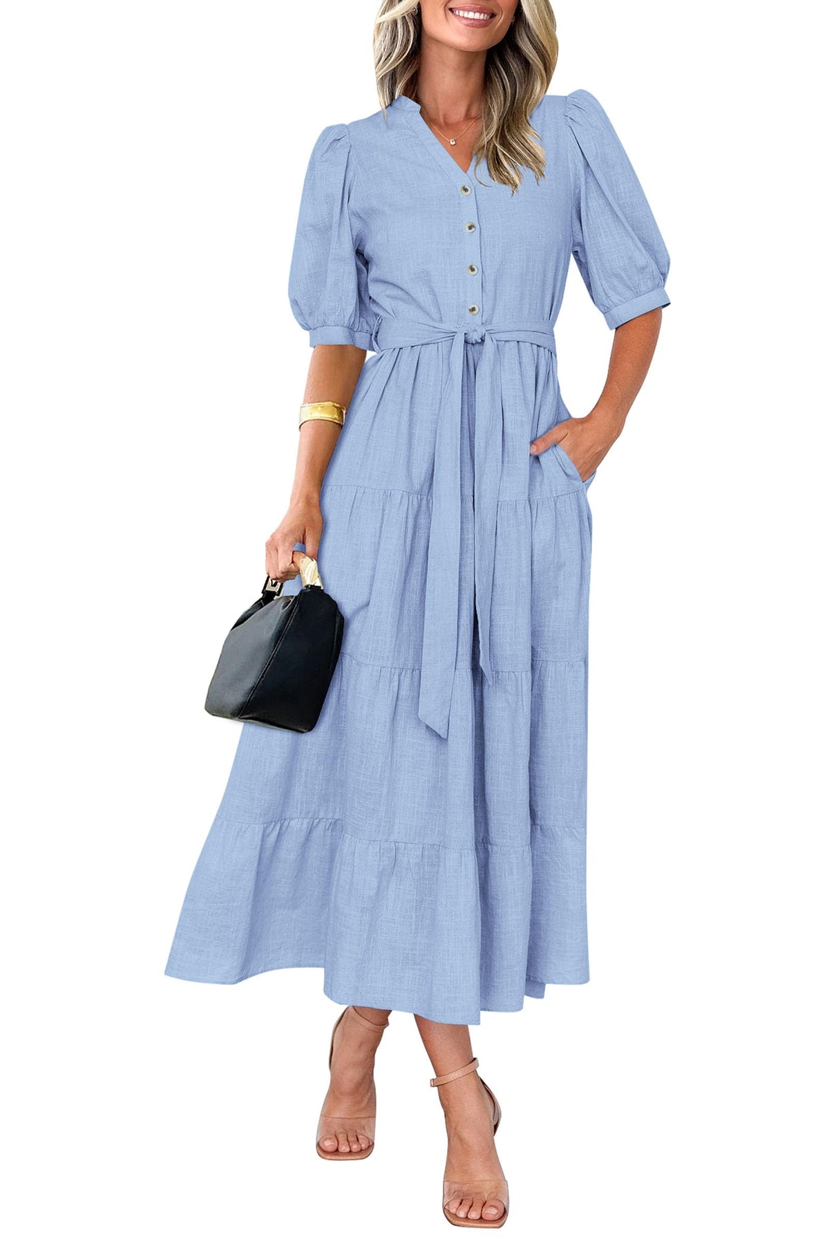 Women's Summer Midi Dress 2025 Casual Short Sleeve V Neck Buttons Belted Ruffle A Line Flowy Dress with Pockets