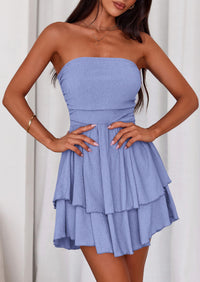 PRETTYGARDEN Women's Summer Strapless Tube Mini Dress Off Shoulder Smocked Ruffle A Line Flowy Short Party Club Dresses