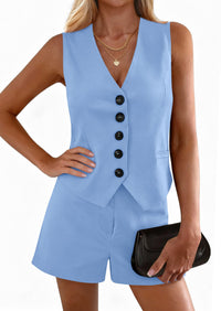 PRETTYGARDEN 2 Piece Sets for Women Spring Fashion Button Vest Tops High Waist Shorts Summer Business Casual Outfits PRETTYGARDEN