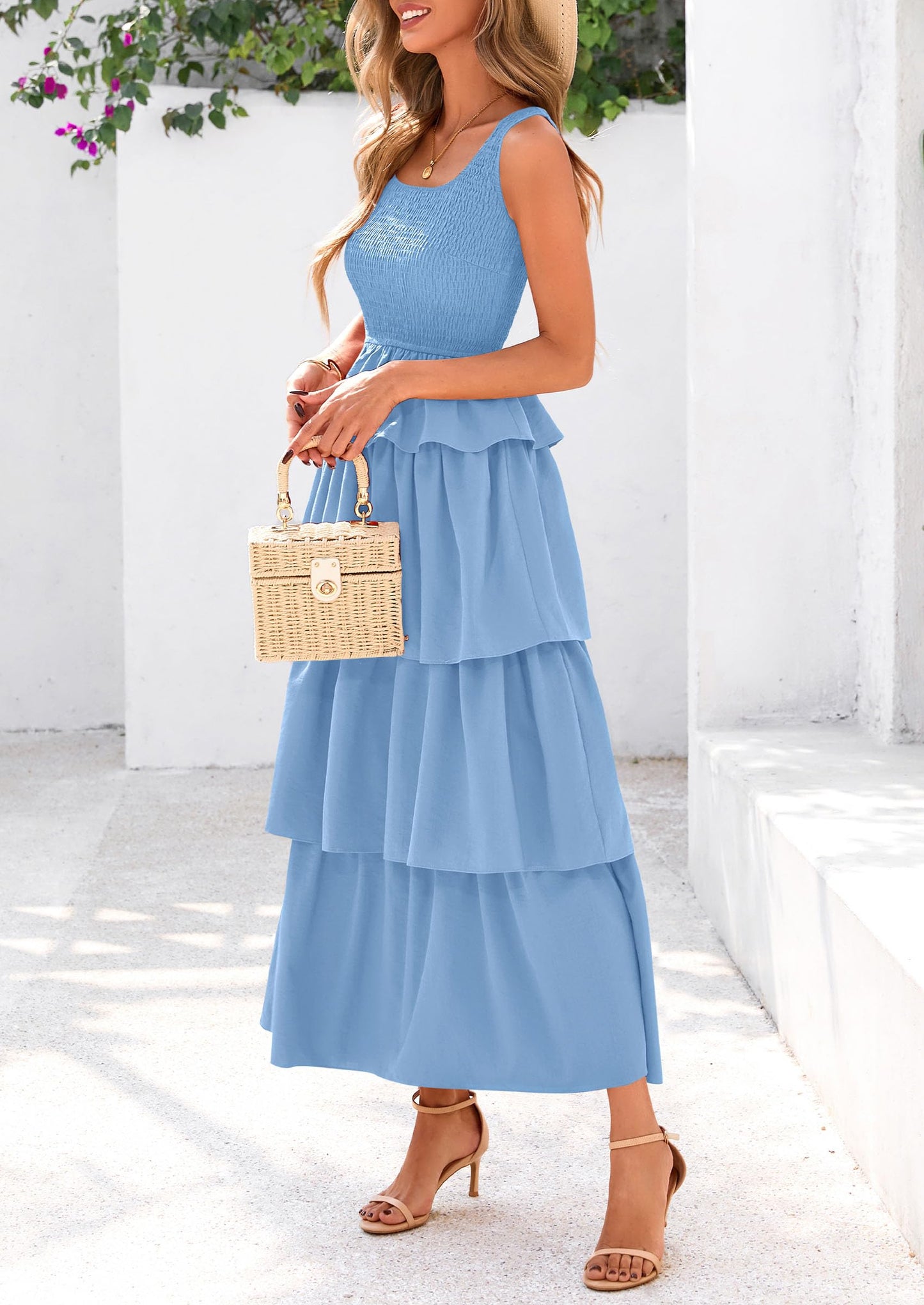 Womens Summer Sleeveless Midi Dress Scoop Neck Tank Top Smocked A Line Tiered Layered Beach Flowy Long Dresses