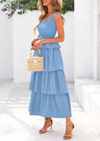 Womens Summer Sleeveless Midi Dress Scoop Neck Tank Top Smocked A Line Tiered Layered Beach Flowy Long Dresses