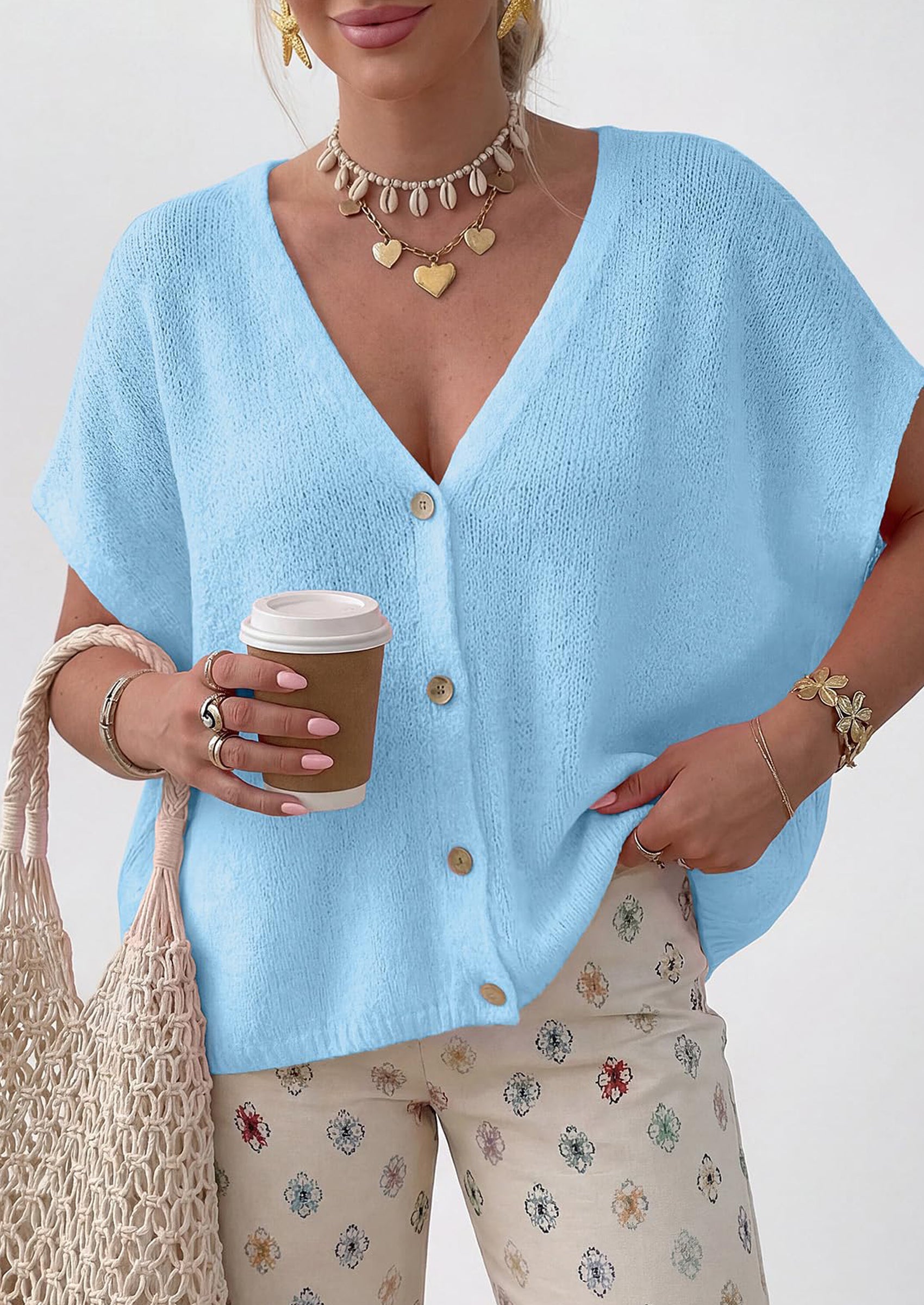 PRETTYGARDEN Batwing Short Sleeve Summer Cardigan Sweaters for Women Lightweight V Neck Button Oversized Sweater Tops PRETTYGARDEN