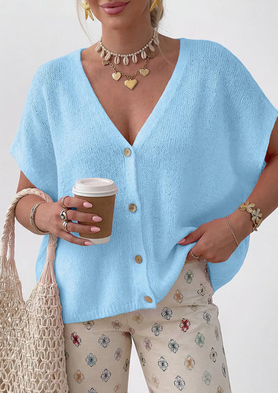 PRETTYGARDEN Batwing Short Sleeve Summer Cardigan Sweaters for Women Lightweight V Neck Button Oversized Sweater Tops PRETTYGARDEN