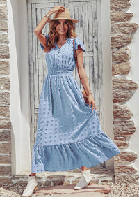 PRETTYGARDEN Womens Dresses Summer Maxi Dress Boho Short Sleeve V Neck Swiss Dot Ruffle Tiered Smocked Flowy Long Dress PRETTYGARDEN